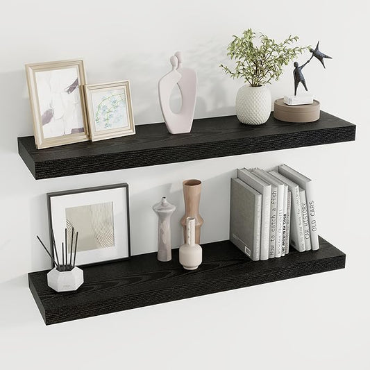 36 inch Floating Shelves Wall Shelves for Office with Invisible Brackets, 8 inch Deep Shelves for Bathroom, Living Room, Kitchen, Office, 36x7.9 inch deep Set of 2, Black-Ruum Studio Home