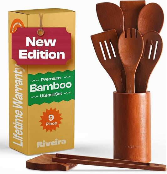 Riveira Premium Brown Bamboo Wooden Spoons for Cooking Set of 9 – Premium Brown Bamboo Wooden Cooking Utensils, Wooden Spatula, Wooden Spoon - Premium Quality Wooden Utensil Set for Non-Toxic Cooking-Ruum Studio Home