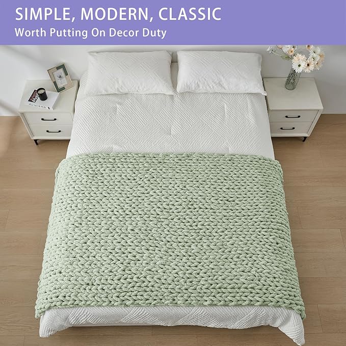 Bigacogo Chunky Knit Throw Blanket for Couch, 40x80 inches, 100% Hand Knitted with Thick Jumbo Chenille Yarn, Cozy Soft Large Rope Knot Cable Crochet Blankets for Sofa Bed Living Room, Sage Green-Ruum Studio Home