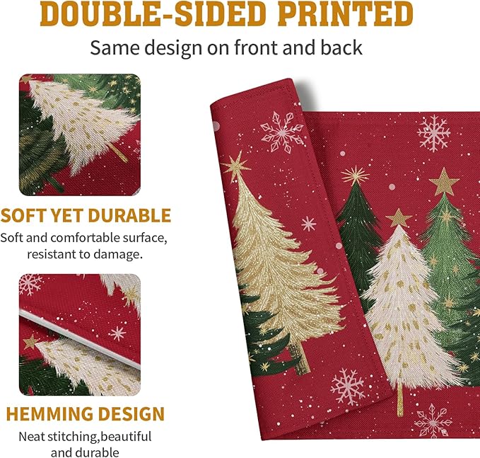 Red Christmas Tree Placemats Set of 4, 12x18 Inch Xmas Trees Snowflakes Winter Holiday Place Mats Seasonal Washable Linen Table Mat for Indoor Outdoor Kitchen Dining Party Decor-Ruum Studio Home