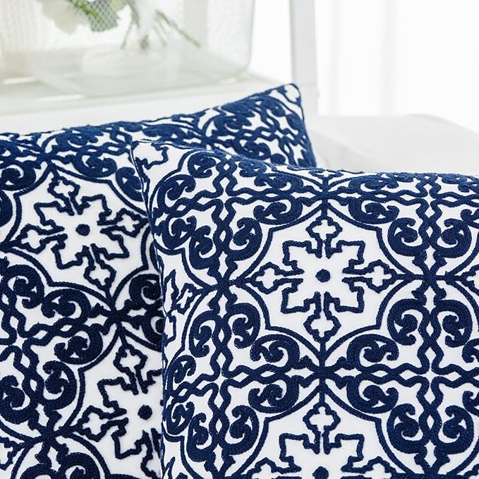 HWY 50 Navy Blue Decorative Throw Pillow Covers 18x18 Inch, Pack of 2 Embroidered Cotton Farmhouse Cushion Cover Pillow Case for Sofa Couch Living Room Bed Bedroon, Modern Pattern-Ruum Studio Home