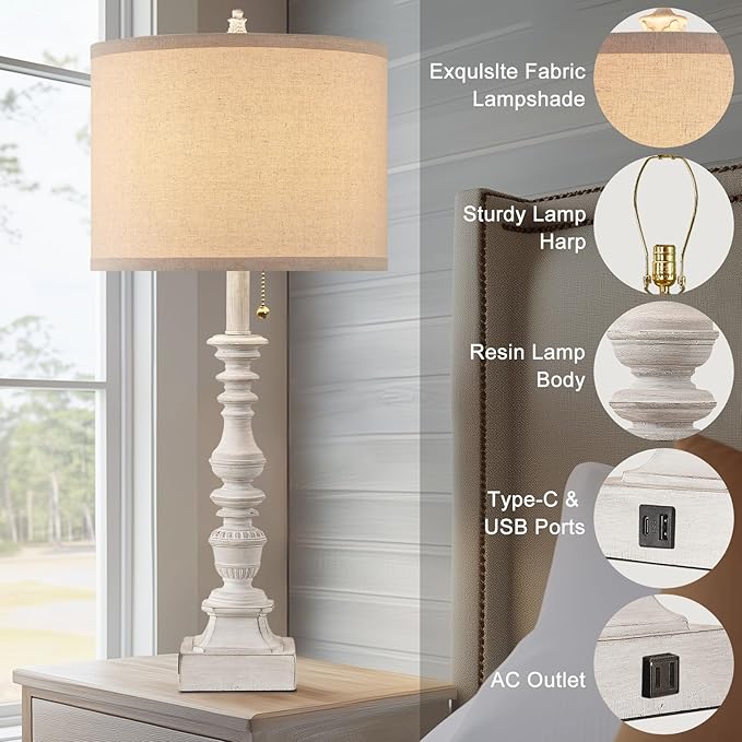 Farmhouse Table Lamps for Bedroom Set of 2, 29.5" Tall Rustic Bedside Lamp with USB Ports and AC Outlet, Vintage Nightstand Table Lamp for Living Room with Linen Drum Shade, White, Pull Chain-Ruum Studio Home