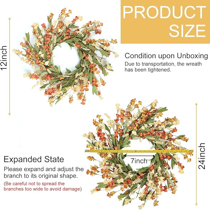 Artgar Fall Wreath, Fall Wreaths for Front Door, 24 in Fall Decor Floral Wreath, Door Wreaths for Front Door Outside All Season for Thanksgiving Home Indoor Outdoor Wall Decor (White Orange Yellow)-Ruum Studio Home