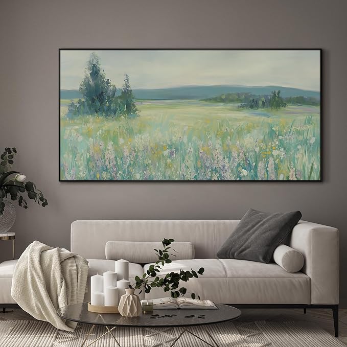 SIGNWIN 24"x46" Extra Large Framed Wall Art Wildflower Meadow Landscape Soft Pastel Nature Illustration for Home Living Room Bedroom Decor (Frame Assembly Required)-Ruum Studio Home
