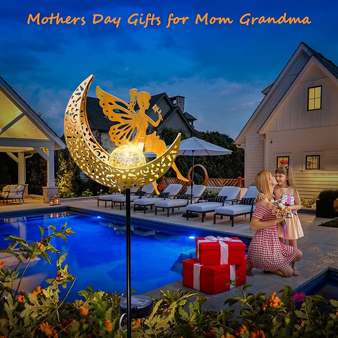 Fairy Moon Solar Lights Outdoor Garden Gifts for Mom Yard Decorations Stakes Lights, Waterproof LED Outside Backard Decor, Lawn Patio Ornaments, Mothers Day Birthday Gifts for Mom (Gold,1Pack)-Ruum Studio Home