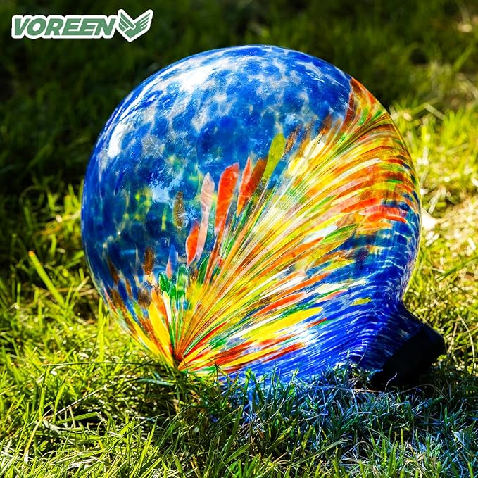 VOREEN 10-Inch Glass Gazing Ball, Outdoor Gazing Globe, Reflective Ball Yard Decoration for Homes, Patio, Lawn and Gardens, Gift for Mom Wife Friend, Phoenix Tail Design, Blue-Ruum Studio Home