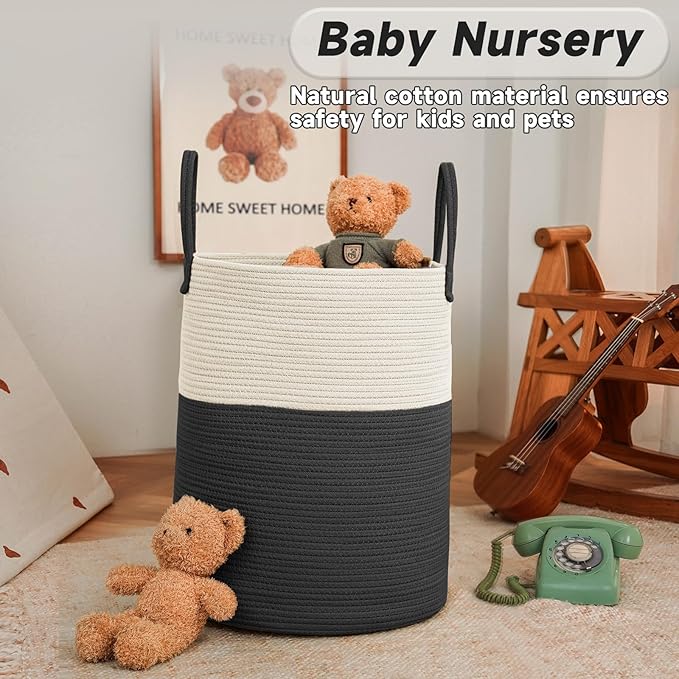 Large Woven Laundry Basket Hamper,60L Cotton Rope Storage Bin for Blankets,Toys and Clothes,Decorative Tall Nursery Hamper for Living Room,Baby Nursery,Bathroom and Bedroom,White and Black-Ruum Studio Home