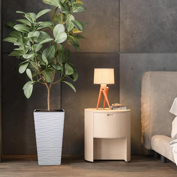 Worth Garden 2-Pack 22" H. White Square Tapered Planter with Inside Pots - Plastic Plant Pots for Indoor Outdoor - Modern Wavy Finish Decorative Flower Pots for Front Porch Containers Patio Deck-Ruum Studio Home