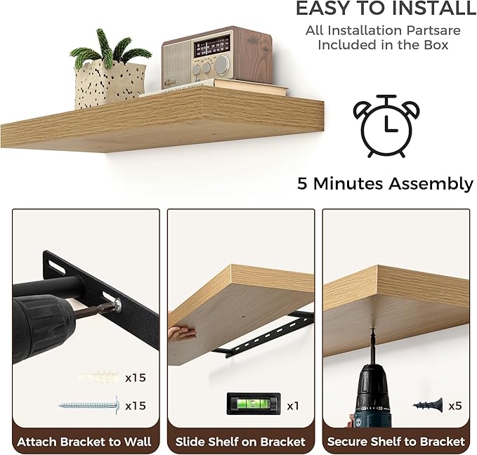 Floating Shelves for Wall, 2 Large Wall Mounted Shelves with Invisible Brackets, Long Wood Floating Wall Shelf Shelves for Living Room, Bedroom, Kitchen, (Oak, 24" W x 9" D x 1.5" H)-Ruum Studio Home
