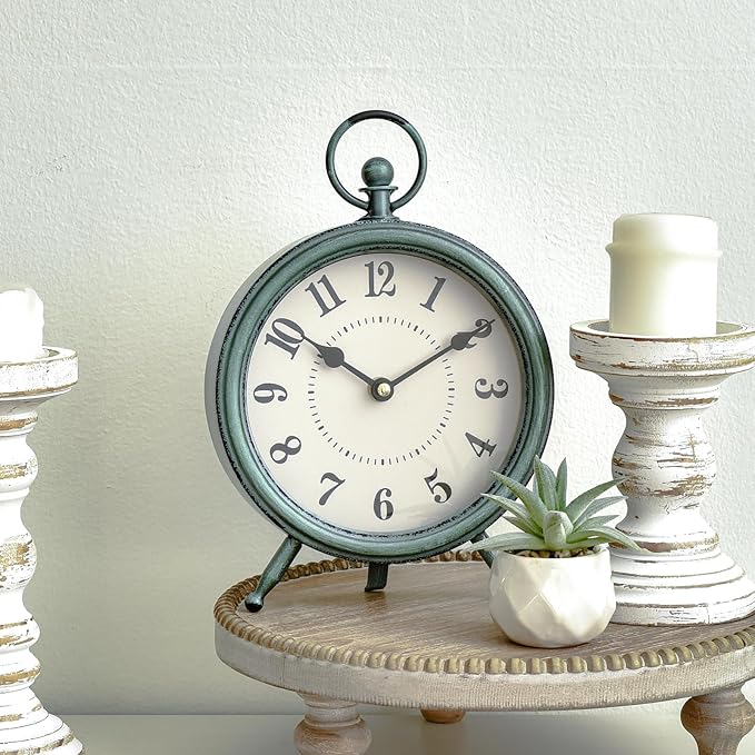 EMAX Home Vintage Green Rustic Retro Table Clock, Silent Non-Ticking, Battery Operated, 10.5"H, 7.28"W, Green Dial, Tabletop, Indoor, Kitchen-Ruum Studio Home