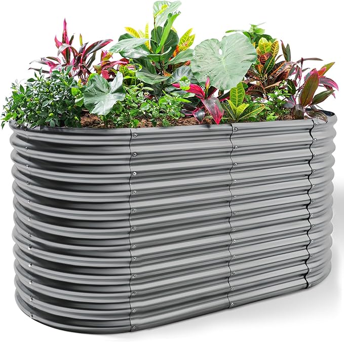 Land Guard 8x4x3ft Oval Galvanized Raised Garden Beds, Large-Capacity Metal Planter Box Outdoor, Durable Deep Raised Garden Bed 3ft Tall, Raised Beds for Gardening Vegetables, Modern Gray-Ruum Studio Home