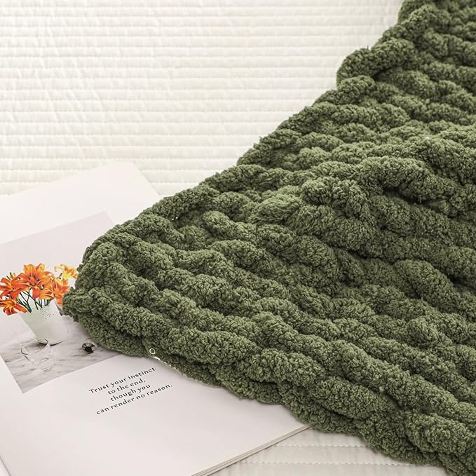 WESHIONGOO Chunky Knit Blanket Throw 50"×60" Knitted Throw Blankets for Couch Bed Fluffy Soft Blanket with Jumbo Chenille Yarn Thick 100% Handmade (Olive Green)-Ruum Studio Home
