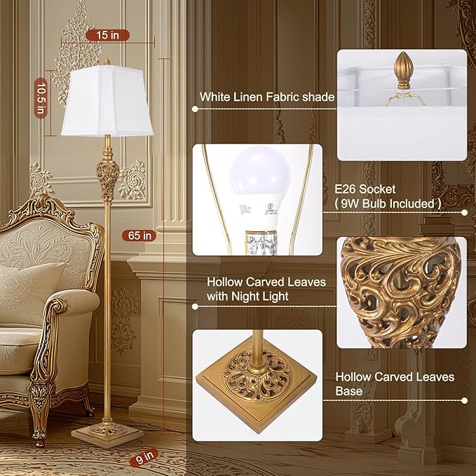 Vintage Farmhouse Floor Lamp with Nightlight, 65" Tall Standing Lamp with White Linen Fabric Shade, Antique Gold Finish, Elegant Reading Corner Light for Living Room, Bedroom, Office (Bulb Included)-Ruum Studio Home