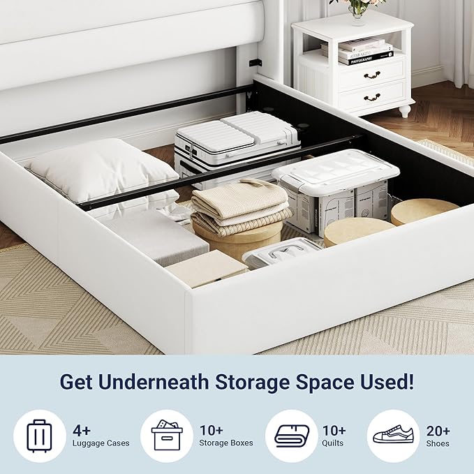 Allewie Queen Size Velvet Lift Up Storage Bed, Modern Wingback Headboard, Hydraulic Support, No Box Spring Needed, White-Ruum Studio Home