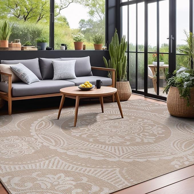 Medallion Outdoor Rug 9x12 Washable Outside Carpet for Indoor Patio Porch Waterproof Easy Cleaning Non Shedding Area Rugs Beige 9 x 12-Ruum Studio Home