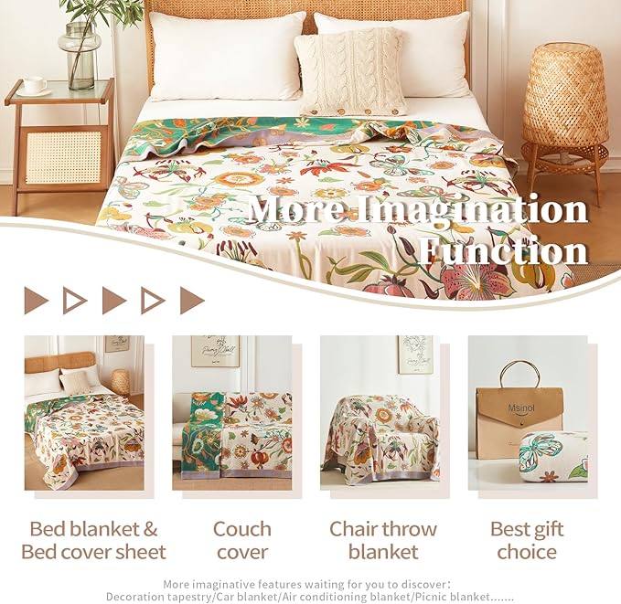 Floral Throw Blanket Pure Cotton Ultra Soft Lightweight Blanket Reversible Farmhouse Blankets Reversible Rustic Throw for Sofa Couch (60"x80",05-Butterfly and Flower)-Ruum Studio Home