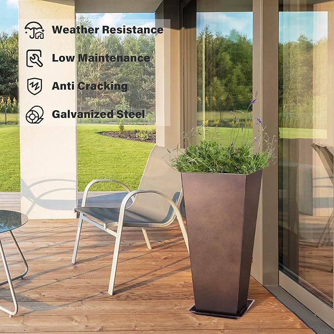 KOL 25''H. Tall Galvanized Steel Planter with Saucer, Set of 2, Planter Pots with Drainage Hole for Indoor & Outdoor Use, Decorative Flower Plant Pots for Front Porch, Patio, Deck - Rust Color-Ruum Studio Home
