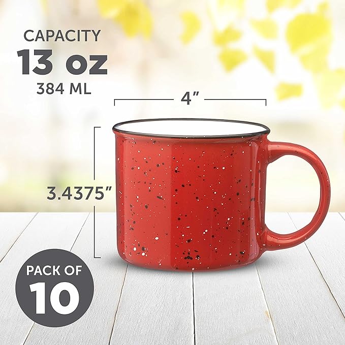 DISCOUNT PROMOS Ceramic Campfire Coffee Mugs 13 oz. Set of 10, Bulk Pack - Perfect for Tea, Espresso, Cappuccino, Hot Cocoa - Red-Ruum Studio Home