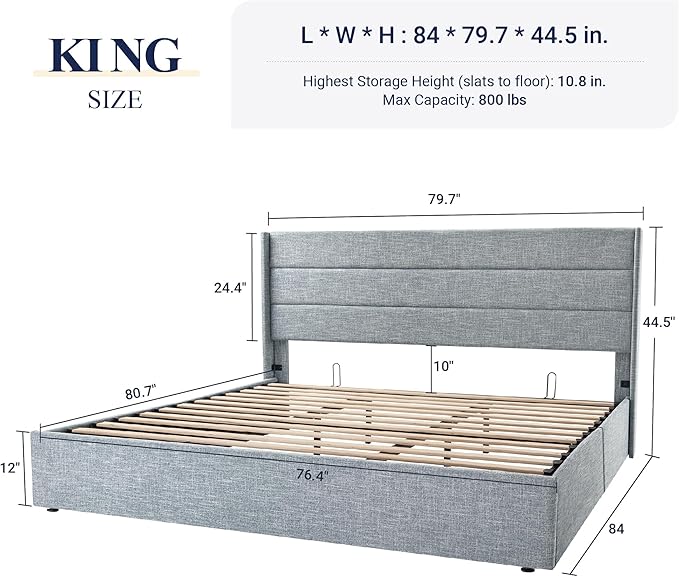 Allewie King Size Lift Up Storage Bed, Modern Wingback Headboard, Hydraulic Support, No Box Spring Needed, Grey Blue-Ruum Studio Home