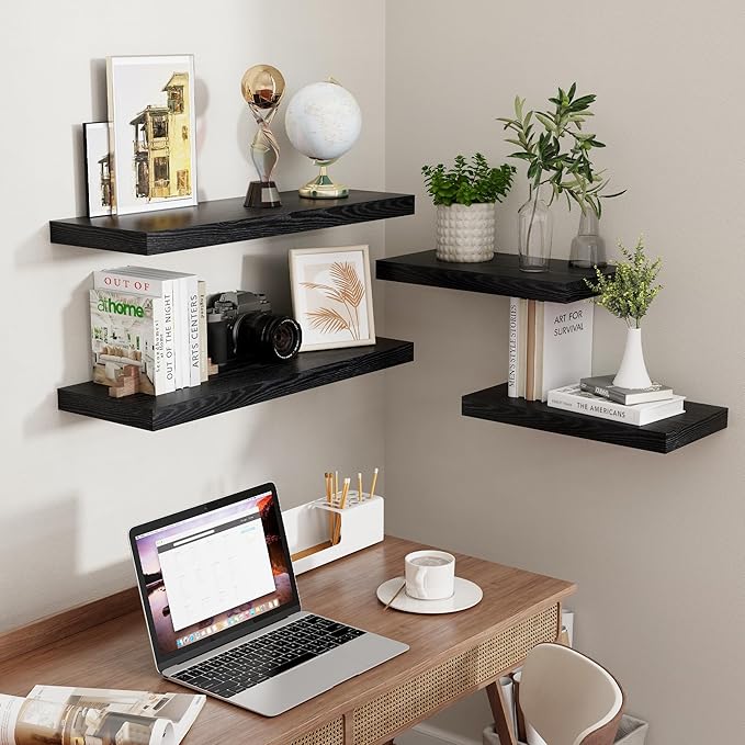 Fun Memories Black Floating Shelves 32 Inch Long, 9 Inch Deep Floating Bookshelf Wall Mounted, Farmhouse Wood Shelves White for Bathroom, Living Room, Bedroom, Home Decor Deep Shelf for Wall Set of 2-Ruum Studio Home