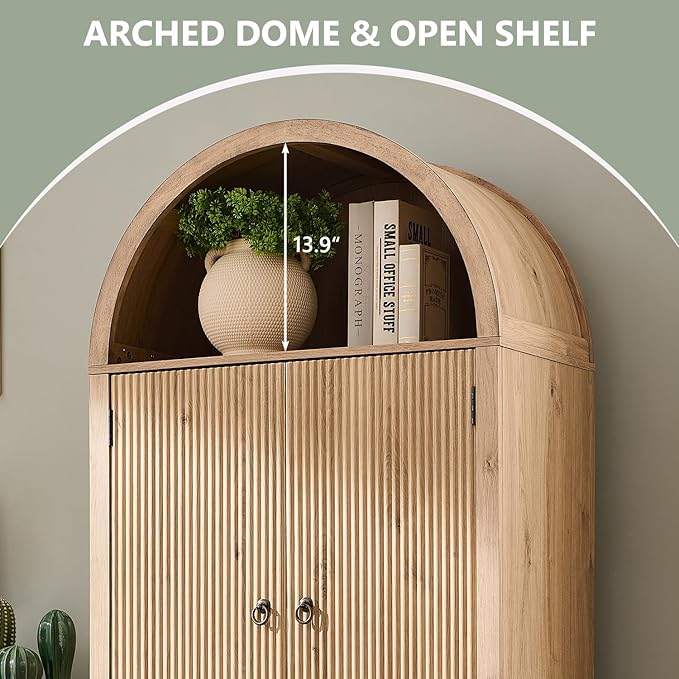 71" Tall Arched Bathroom Storage Cabinet, Modern Fluted Storage Cabinet w/Doors, 3 Adjustable Shelves, 6 Door Shelves, Wood Freestanding Cabinet for Bathroom, Entryway, Hallway, Natural-Ruum Studio Home
