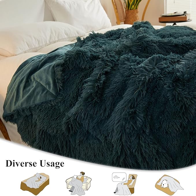 XeGe Luxury Faux Fur Throw Blanket, Deep Green Soft 50x60 Fluffy Blanket Throw, Shaggy Plush Decorative Couch Blanket, Cute Furry Throw Fuzzy Office Lap Blanket for Bedroom Living Room Dark Green-Ruum Studio Home