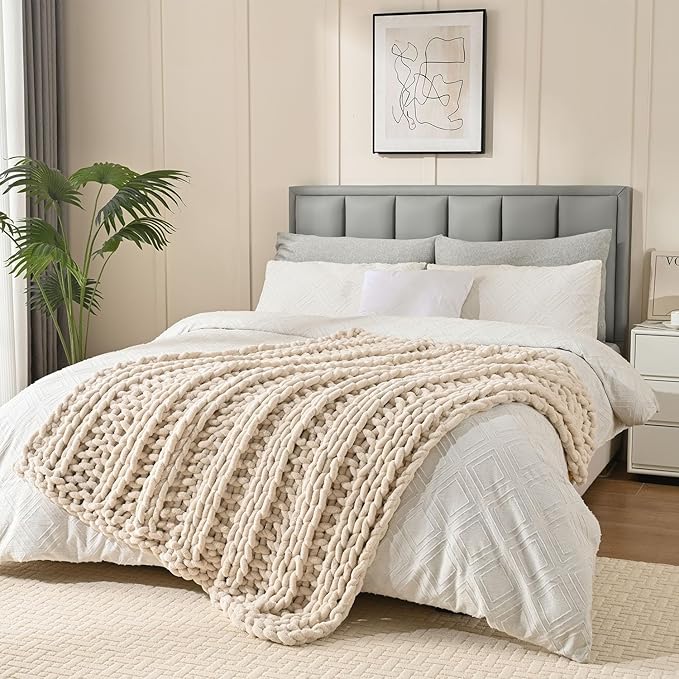 Esterra Chunky Knit Blanket Throw, 100% Handmade Chenille Throw Blanket 50"x60", Soft Thick Yarn Cable Knit Crochet Throw Blanket Rope Knot Throw for Couch Bed Sofa, Apricot White-Ruum Studio Home