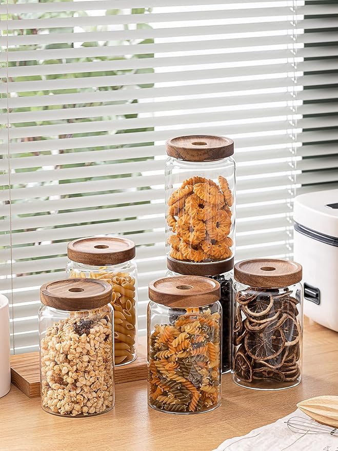 Kanwone Glass Storage Containers Set of 6, 28 Ounce Airtight Food Storage Containers with Bamboo lids, Clear Glass Jars for Pantry, kitchen, Flour, Sugar, Tea, Coffee, Snack, Cookies, Spice and Herbs-Ruum Studio Home