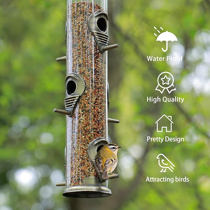 MIXXIDEA 1PK Metal Bird Feeders with 6 Feeding Ports,Tube Bird Feeder with Steel Hanger,Hard Plastic Wild Bird Feeder for Outdoors Hanging, Attracting Birds in Your Lawn, Garden, Balcony–Bronze-Ruum Studio Home