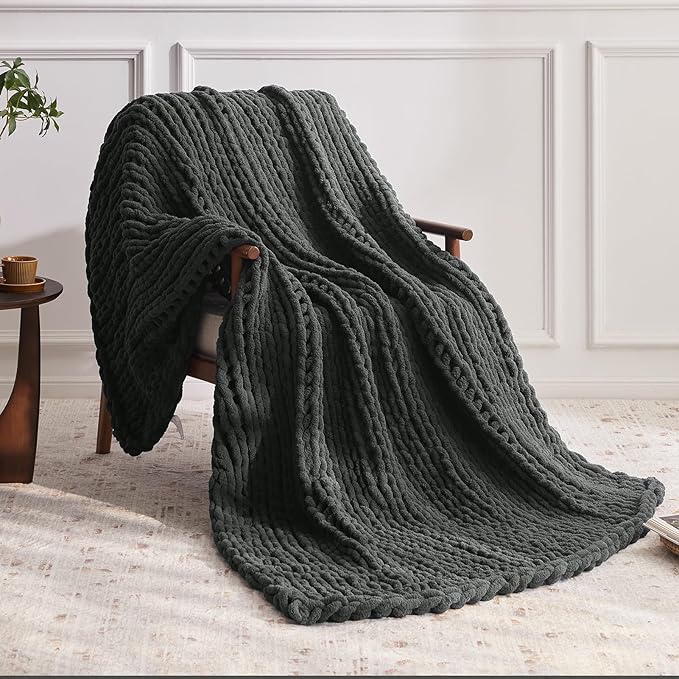 Chunky Knit Throw Blanket, 30''*40'' Knitted Throw Chenille Yarn for Bed Couch, Handmade Dark Grey Crochet Big Thick Blanket, Machine Washable Cute Comfy Blanket for Home Decor-Ruum Studio Home