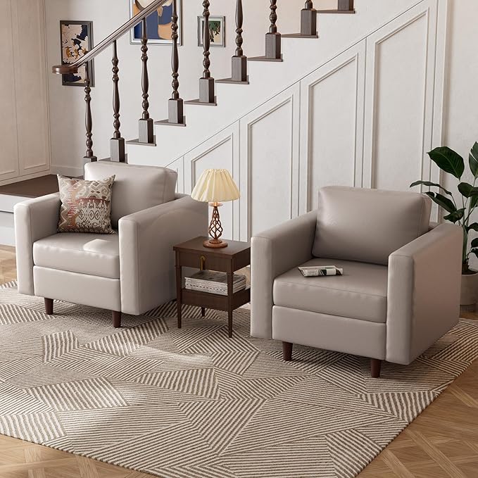 Faux Leather Oversized Accent Chair with Storage Deep Seat Single Sofa Large Reading Armchair for Living Room Bedroom Office Whitesand Set of 2-Ruum Studio Home