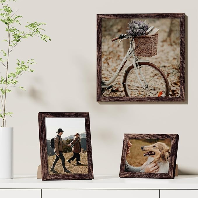 Vittanly 12x12 Picture Frames Set of 9, Shatter Resistant Plexiglass, Display 8x8 Pictures with Mat or 12x12 without Mat, Photo Frames for Wall Mount, Engineered Wood, Brown-Ruum Studio Home