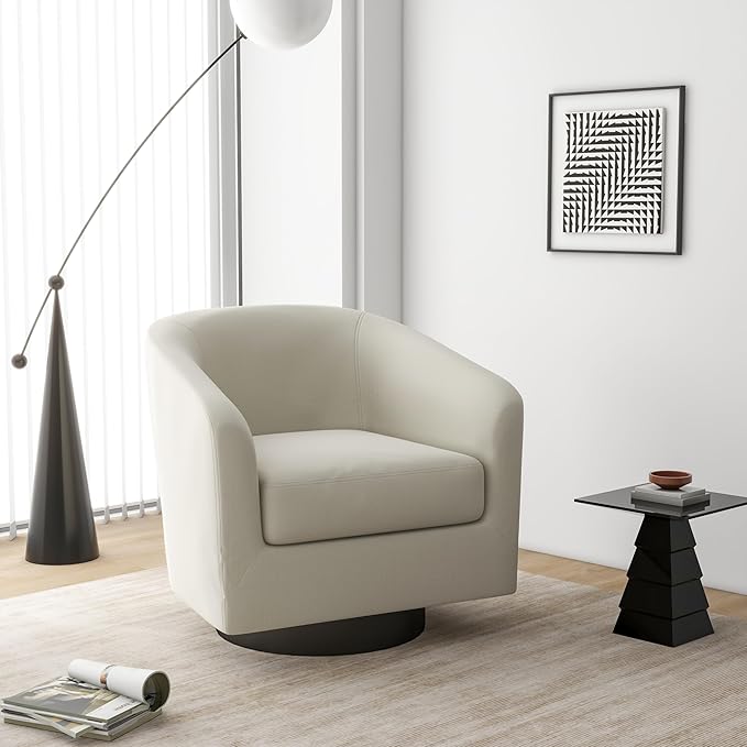 Swivel Barrel Accent Chair, Modern Round Linen Arm Chair for Living Room, Bedroom, Comfy Club Reading Chairs for Adults（Linen Fabric, Beige, Set of 2-Ruum Studio Home