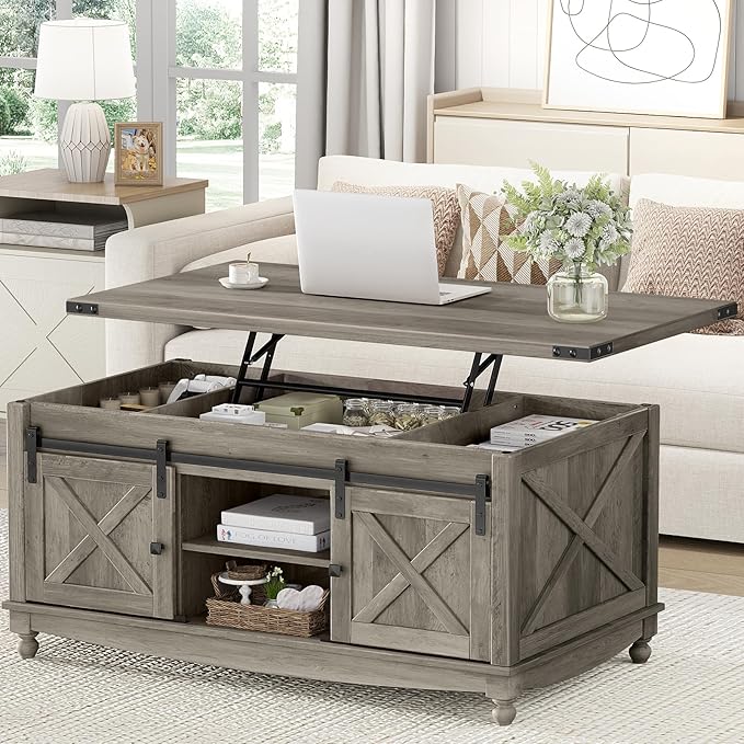 48" Farmhouse Lift Top Coffee Table with Storage Sliding Barn Door & Large Hidden Compartment, Coffee Table with Lifting Top with Wooden Lift Tabletop, Coffee Tables for Living Room, Grey-Ruum Studio Home