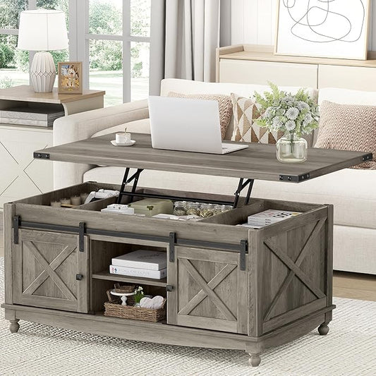 48" Farmhouse Lift Top Coffee Table with Storage Sliding Barn Door & Large Hidden Compartment, Coffee Table with Lifting Top with Wooden Lift Tabletop, Coffee Tables for Living Room, Grey-Ruum Studio Home