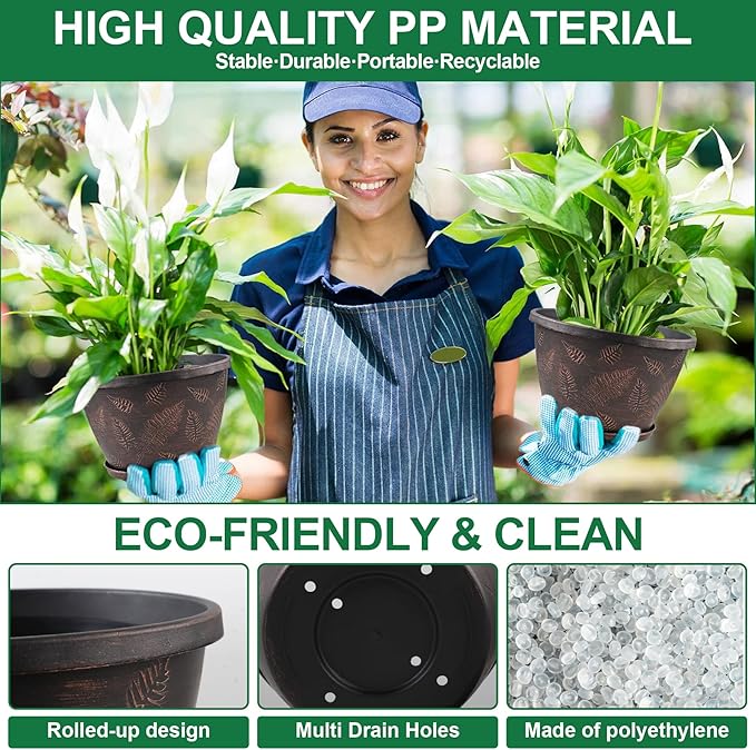 11 inch Plant Pot, 3 Pack Large Pots for Plants, Flower Pots with Drainage Hole & Saucer, Modern Planters for Indoor Outdoor Plants, Decorative Plastic Garden Pots (Copper)-Ruum Studio Home