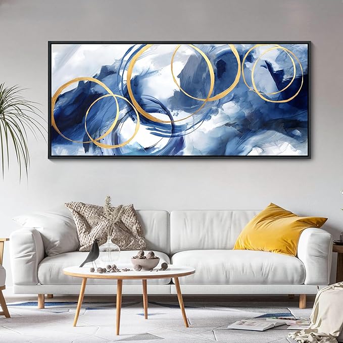 AJAZIKO Blue Abstract Canvas Wall Art Modern Wall Decor Artwork for Walls Living Room Large Painting Office Pictures for Wall Navy Gold Contempor Decorations for Bedroom-Ruum Studio Home