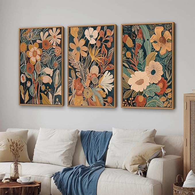 Tinonedraw Vintage Burnt Orange Floral Framed Canvas Wall Art Set of 3, Boho Chic Flower Artwork, Mid Century Modern Plant Wall Decor, Colorful Neutral Botanical Art Prints for Bedroom Living Room Office 16"x24"-Ruum Studio Home