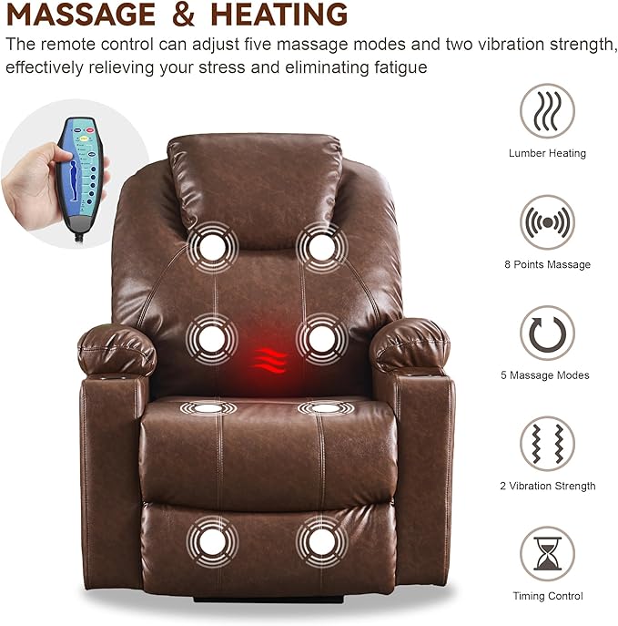 SALOHZA Power Lift Recliner Chair for Elderly with Massage and Heat for Living Room, Electric Recliner Chair for Adults with USB/Type C Port/Cup Holders, PU Faux Leather, Dark Brown-Ruum Studio Home