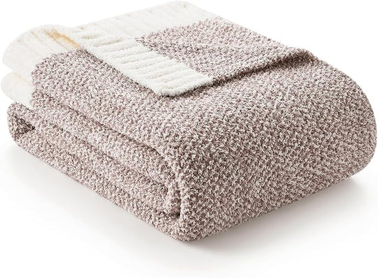 Snuggle Sac Heather Taupe Throw Blanket for Couch, Reversible Super Soft Knitted Blankets Warm Cozy Knit Fuzzy Plush Lightweight Throws for Sofa, Bed, Camping, Picnic, Taupe, 50x60 inches-Ruum Studio Home