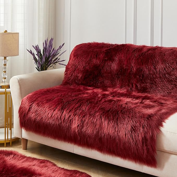 AMTOVO Faux Fur Sheepskin Rug for Living Room, 4 x 6 ft Burgundy Fluffy Area Rug for Bedroom, Playroom, Luxury Room Decor, Rectangle-Ruum Studio Home
