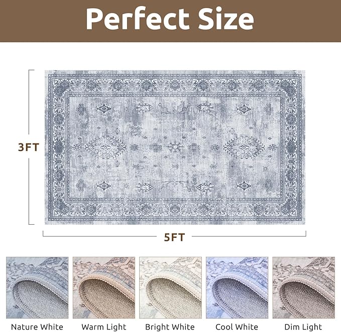AMOAMI-Vintage Area Rug 3x5 Blue Rugs for Living Room-Soft Washable Rug Non Slip Entryway Rug Indoor Vintage Throw Accent for Bedroom Laundry Room Dining Bathroom Bedside-Ruum Studio Home