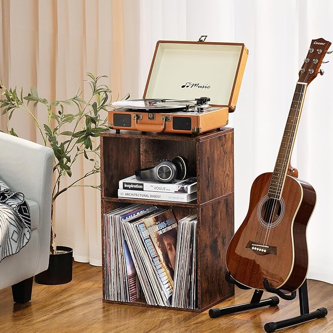 LEYAOYAO 2 Cube Bookshelf,Brown Record Player Stand Holds up to 100 Albums, Mini Wood Book Shelf Storage Organizer,Turntable Stand with Vinyl Storage Cabinet, Narrow Open Bookcase for Small Spaces-Ruum Studio Home