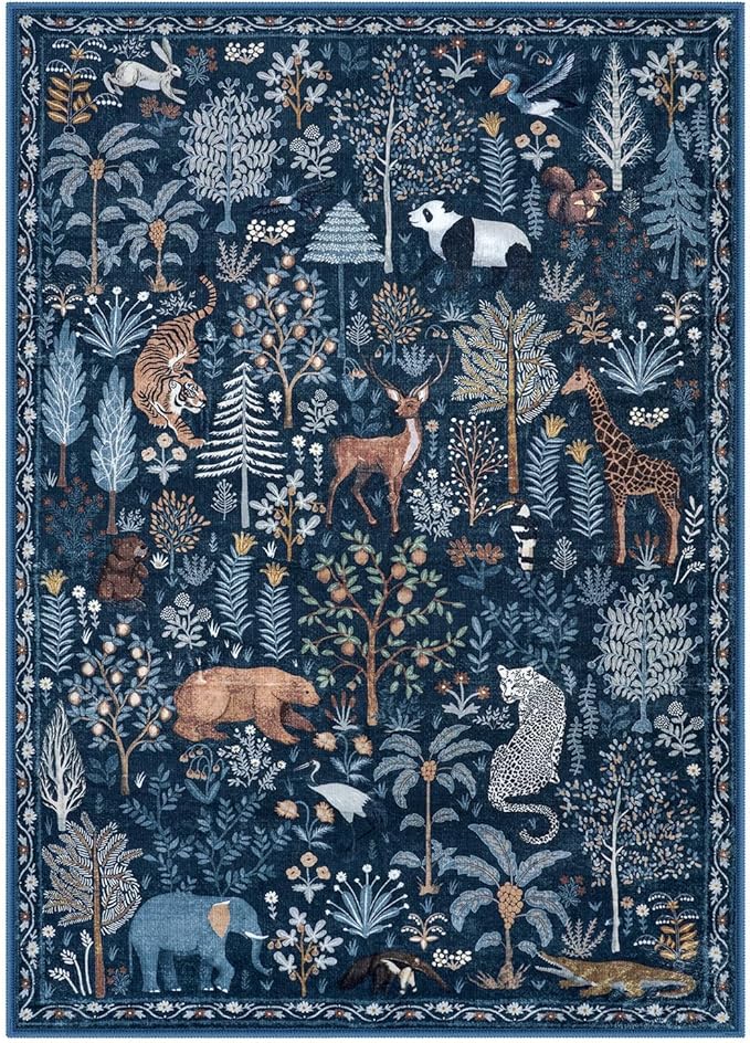OJIA Jungle Print Blue 5x7 Rugs for Living Room, Soft Ultra-Thin Washable Area Rugs for Bedroom Non-Slip Modern Entryway Rug Non Shedding Indoor Carpet Kids Rugs for Playroom Nursery Classroom-Ruum Studio Home