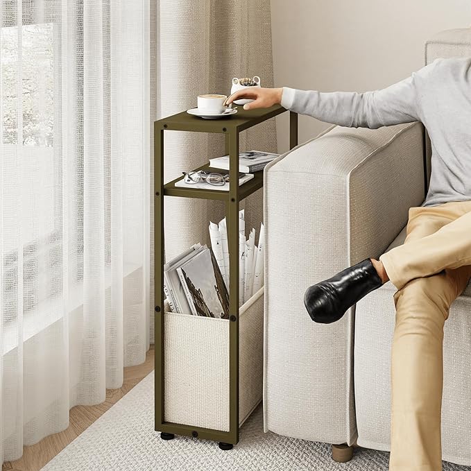 Narrow Side Table, Slim End Tables with Fabric Basket, Skinny Table for Small Spaces, Thin Bedside Table for Living Room, Bedroom (1, Forest Green + Camel Brown)-Ruum Studio Home