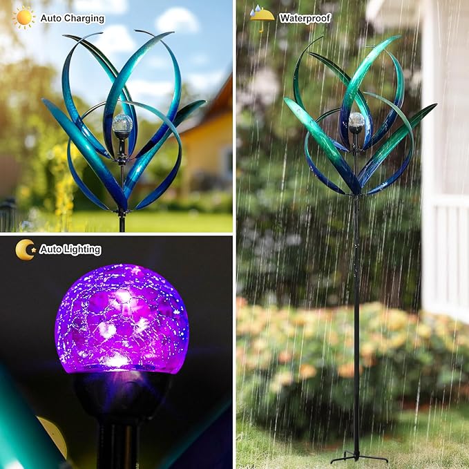 Outdoor Wind Spinners with Solar Light, 82'' Metal Large Spinner Yard Art, Peacock Blue Wind Sculptures for Garden Lawn Patio, Gifts for Family-Ruum Studio Home