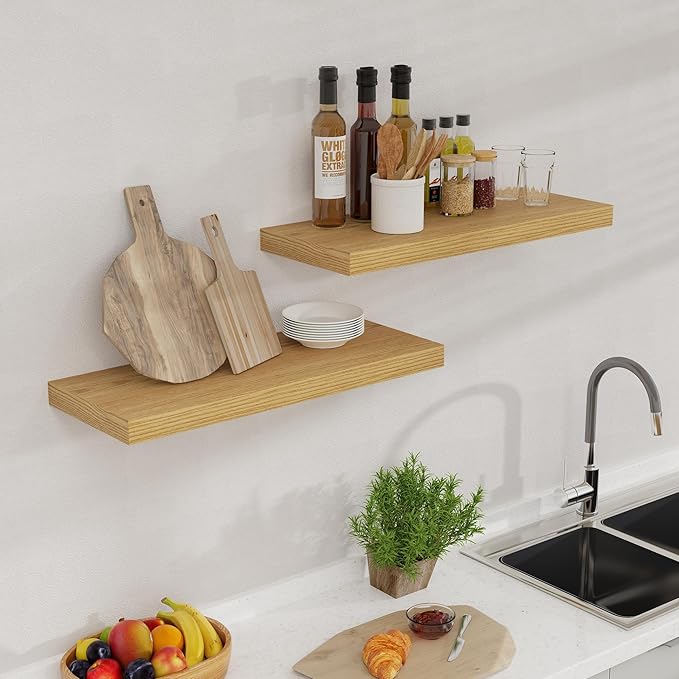 24 x 9 Floating Shelves, 9 Inch Deep Floating Shelf Wall Mounted, 24 Inch Bathroom Shelves Set of 2, Rustic Wood Wall Shelf for Bedroom, Living Room, Oak Color-Ruum Studio Home