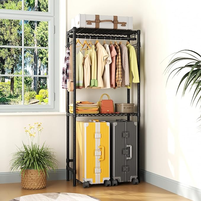 Over Washer and Dryer Shelves,2 Tier Adjustable Height Wire Shelving Laundry Room Storage Organization Clothes Drying Rack with Hanger Rod&Hooks,Space Saving Organizers Shelf,Black-Ruum Studio Home
