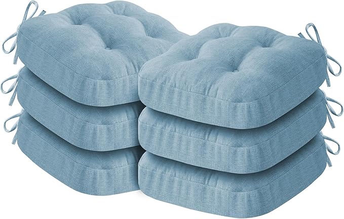 Chair Cushions for Dining Chairs, Dining Chair Cushions, Tufted Indoor Chair Pads with Ties & Non Slip Backing, Seat Cushions for Kitchen Chairs 16.5” x 16.5” x 3.5”, Set of 6, Light Blue-Ruum Studio Home