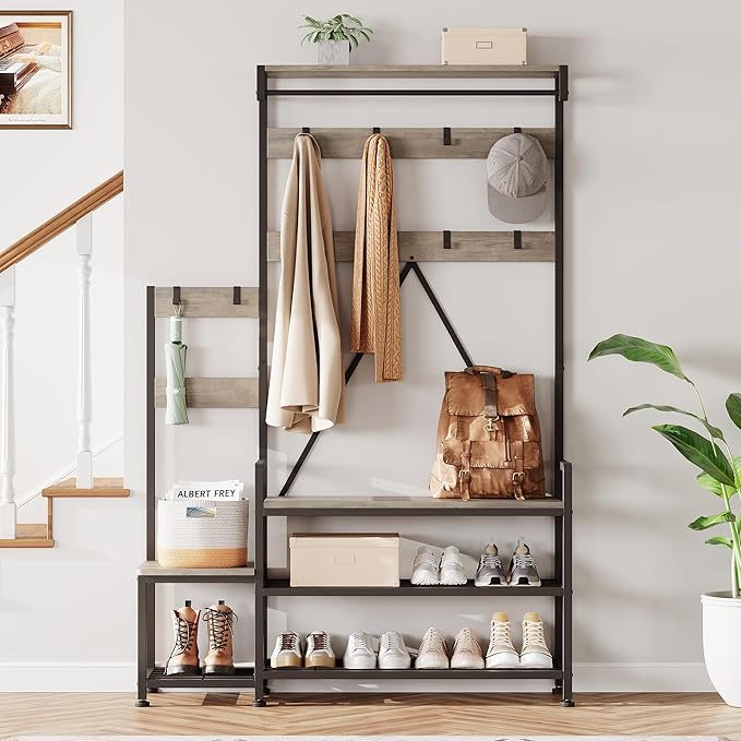 IDEALHOUSE Hall Tree with Bench and Shoe Storage Parent-Child Coat Rack Shoe Bench Industrial Coat Tree Entryway Large Organizer with Shoe Rack, Storage Cubbies, Hooks, and Top Shelf-Ruum Studio Home